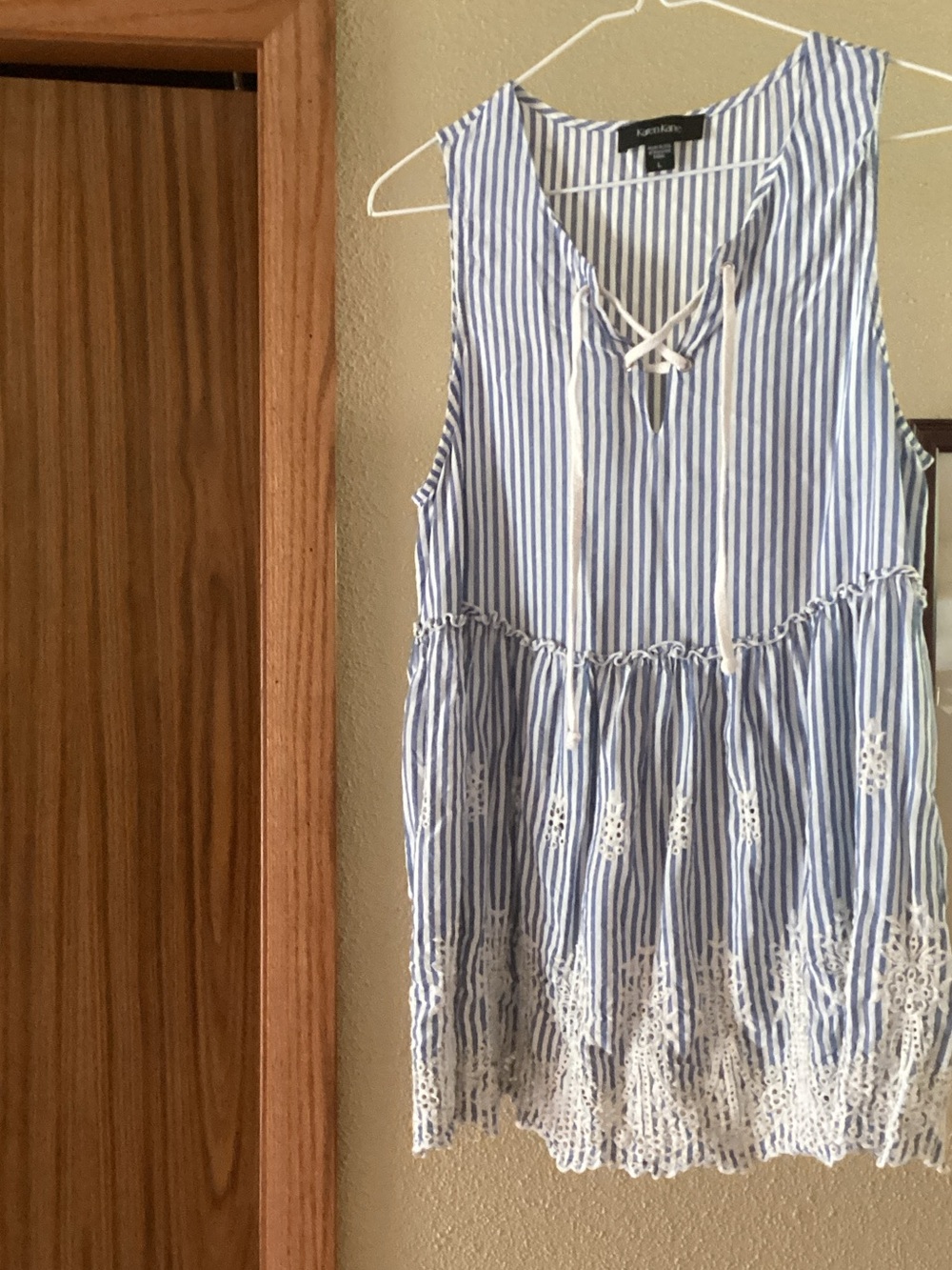 Karen Kane Blue & White Striped Lace-Trim Top